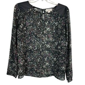 LOFT Dark Floral Sheer Faux Leather Shoulder Blouse S